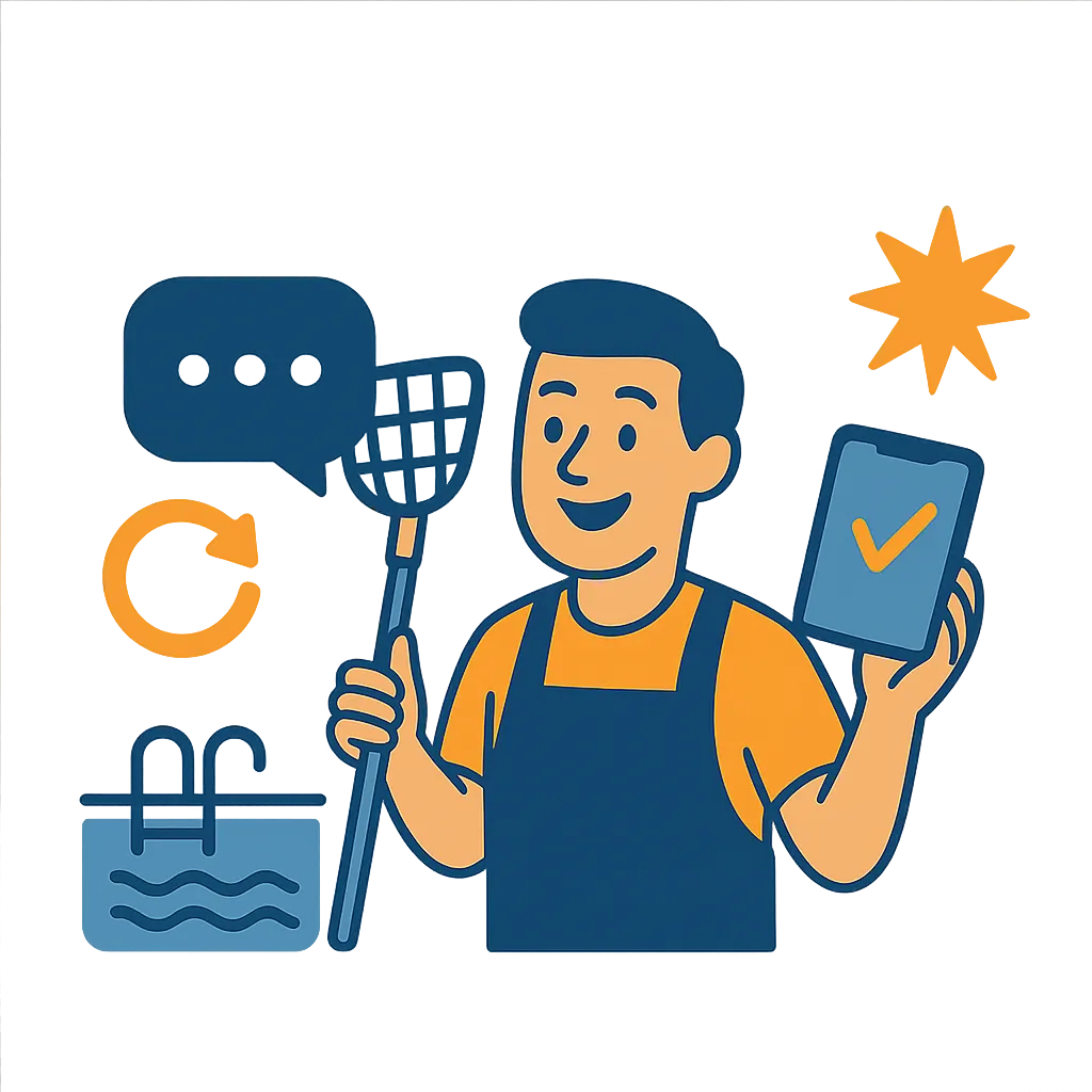 A confident pool service business owner using a tablet poolside, modern equipment visible, bright sunlight, clear blue water, professional attire, 3:2 aspect ratio