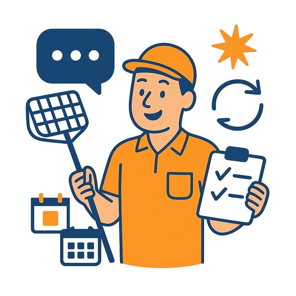 Pool technician sending automated messages from a laptop, calendar and message icons on screen, bright office, 3:2 aspect ratio