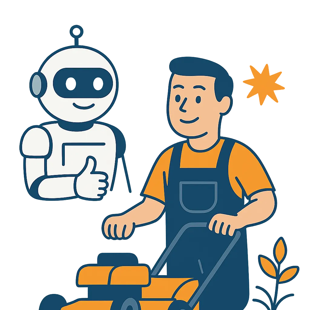 A detailed AI dashboard on a laptop screen, showing automated quote requests, service scheduling, and payment tracking for a landscaping company. The workspace includes a coffee mug, plant, and notepad, conveying a productive, tech-enabled environment.