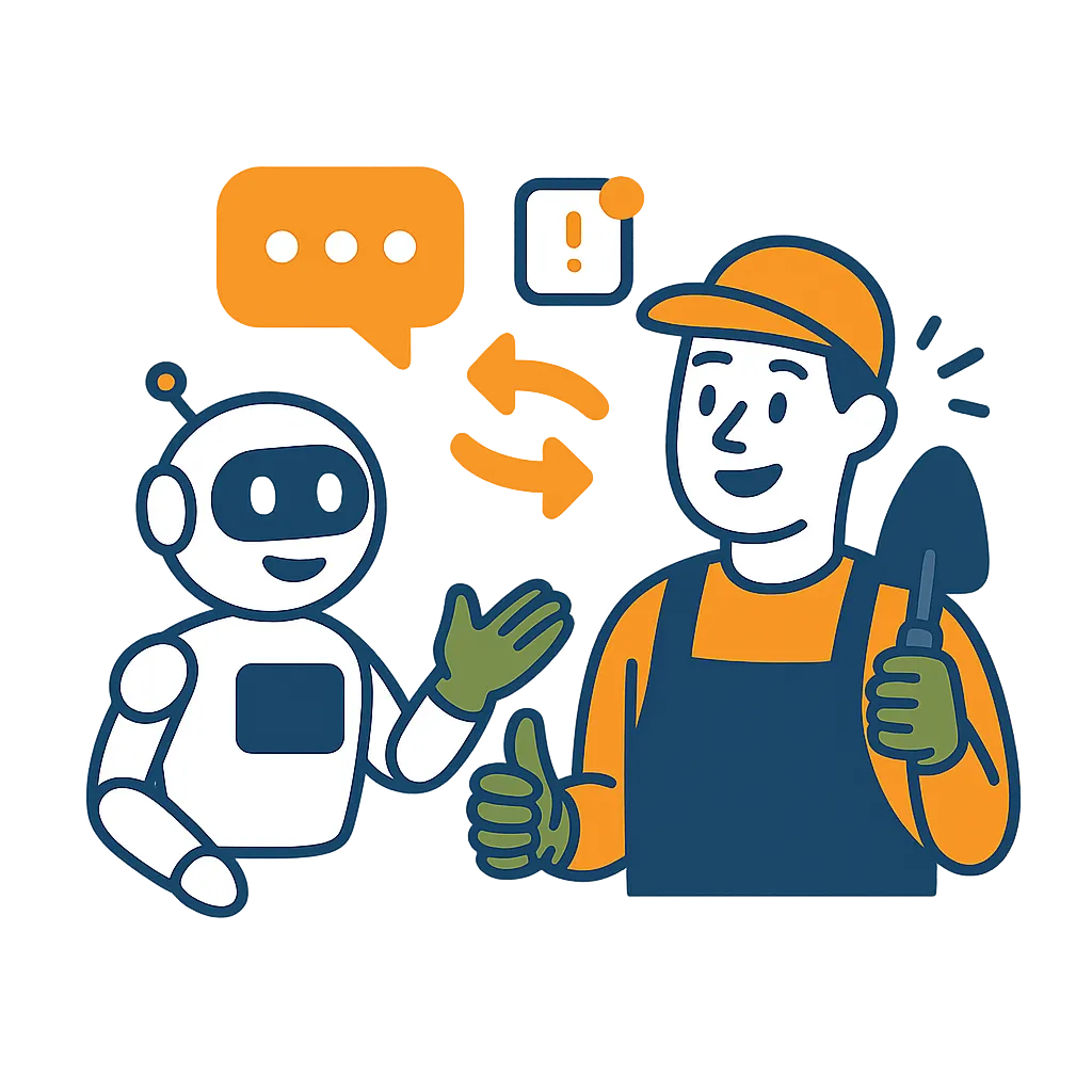 A diverse landscaping team collaborating around a digital tablet, reviewing AI-generated schedules and client feedback. The background features organized equipment and a service vehicle, highlighting efficiency and teamwork enabled by technology.
