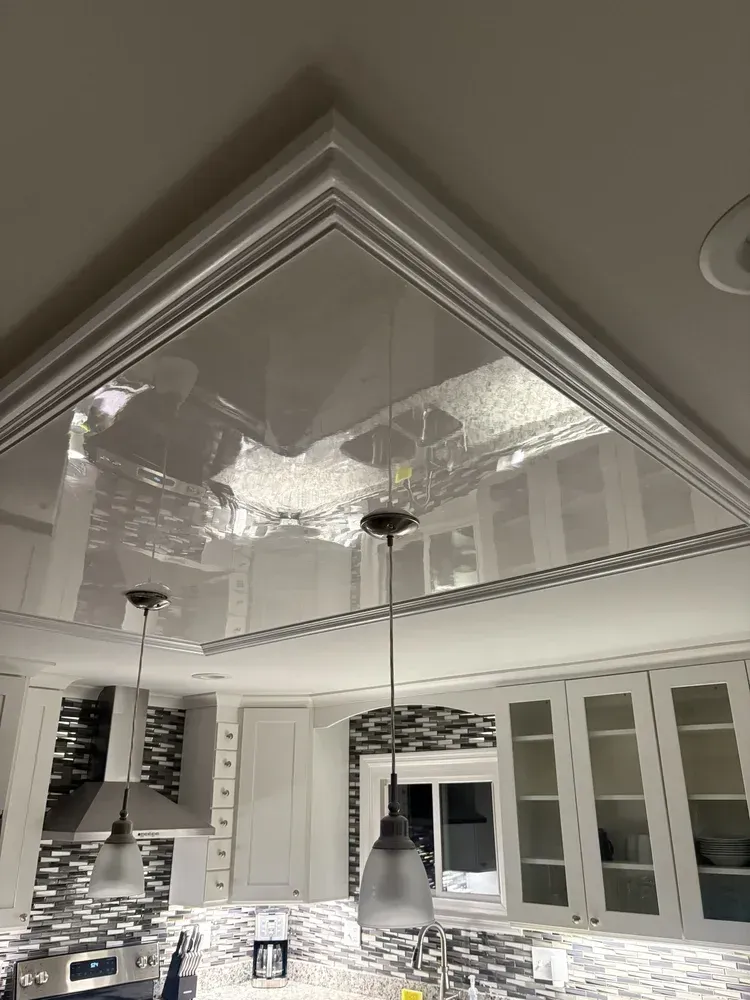 High-polish Venetian plaster ceiling with reflective finish in a luxury St. Louis kitchen