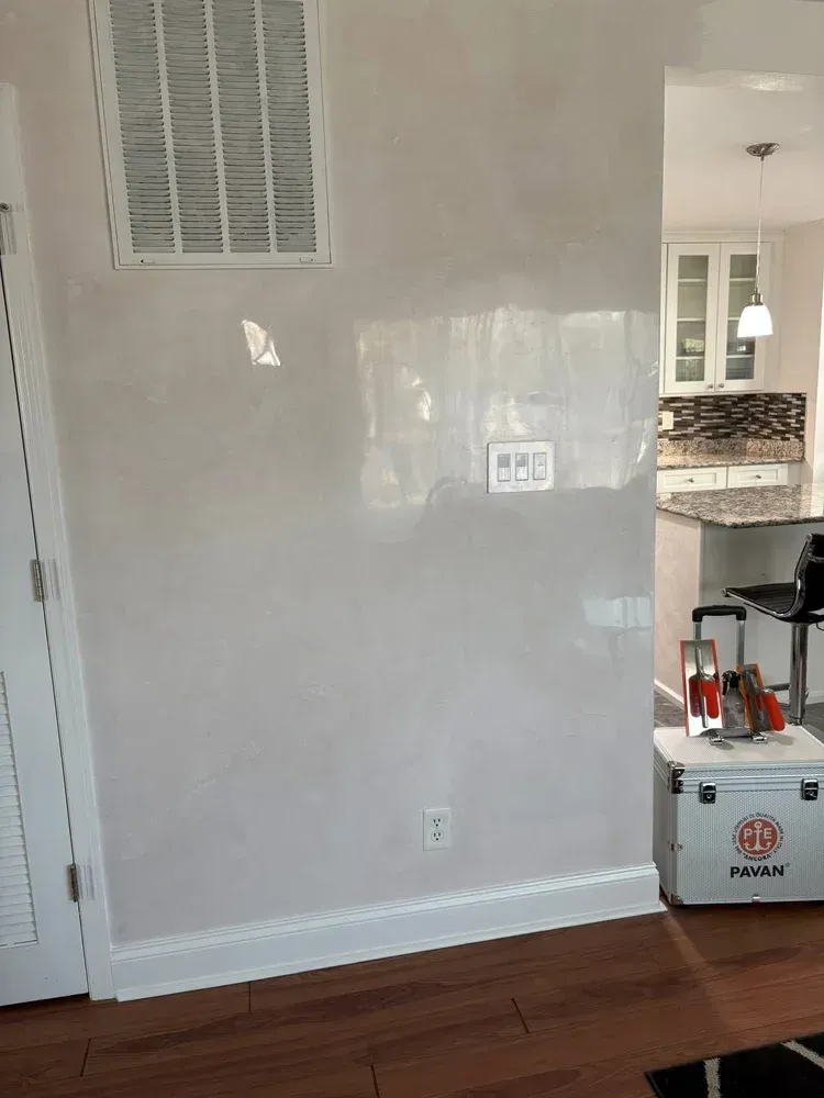 Light polished Venetian plaster wall with soft movement and reflective finish in a St. Louis home