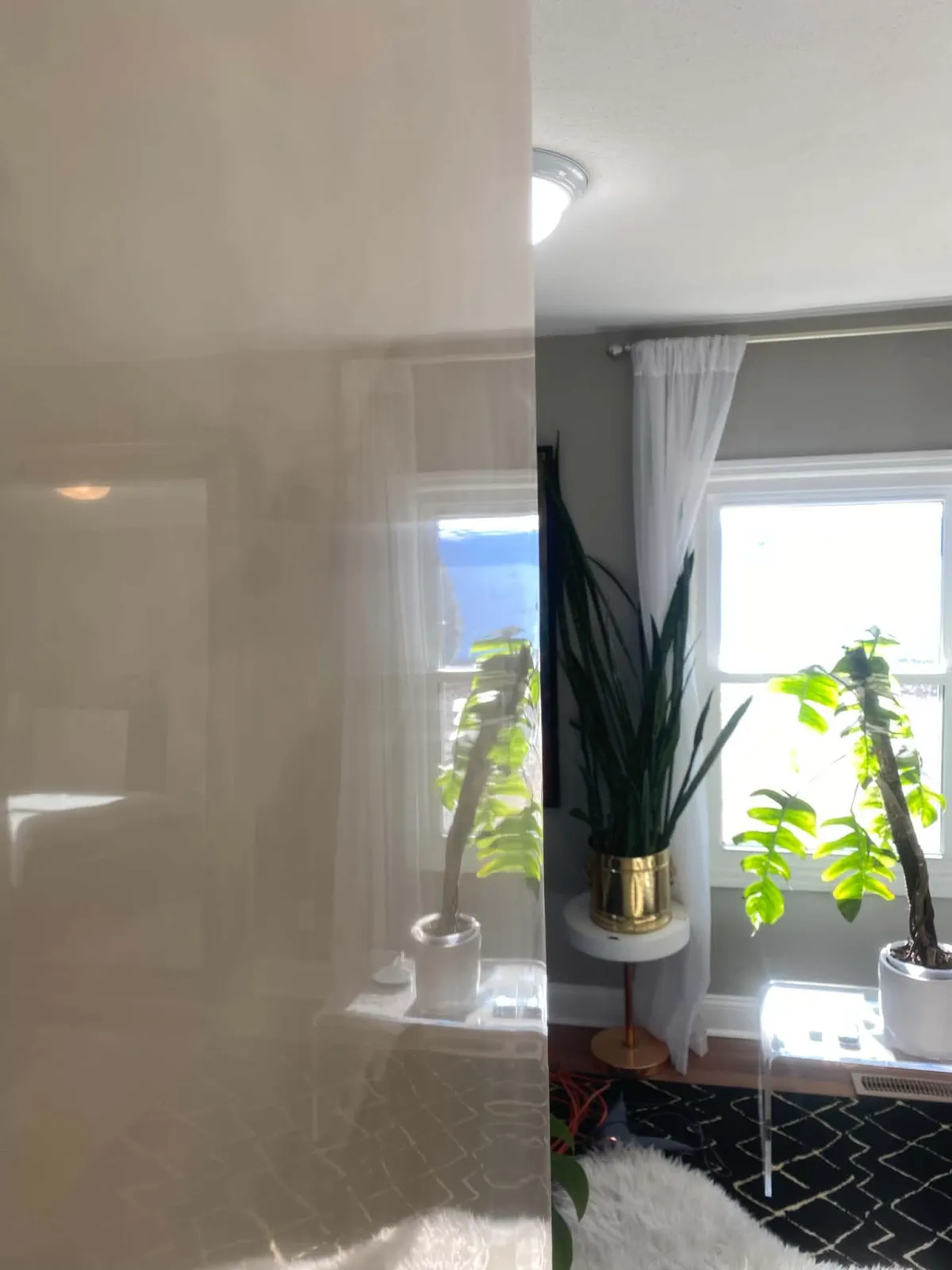 High-gloss Venetian plaster wall with mirror-like reflection and soft neutral finish