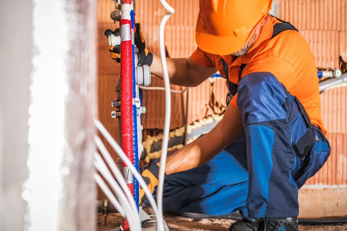 Male plumber working on job site new build construction