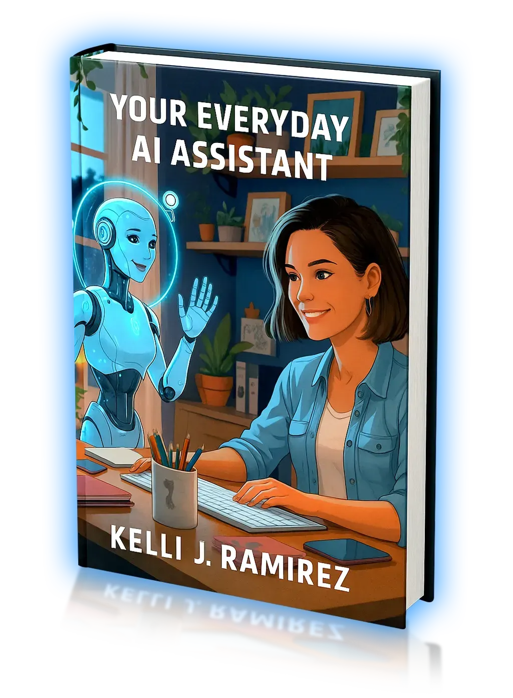Photorealistic mockup of 'Your Everyday AI Assistant' on tablet and e-reader with teal and gold accents