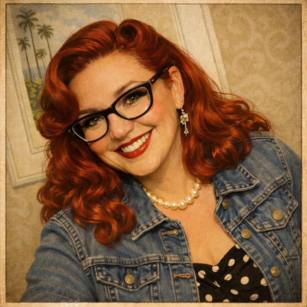 Portrait of The AI Doula founder, a poised professional in 1950s attire, standing beside a vintage computer console with warm brass and parchment tones, soft grain, and a calm, confident expression.