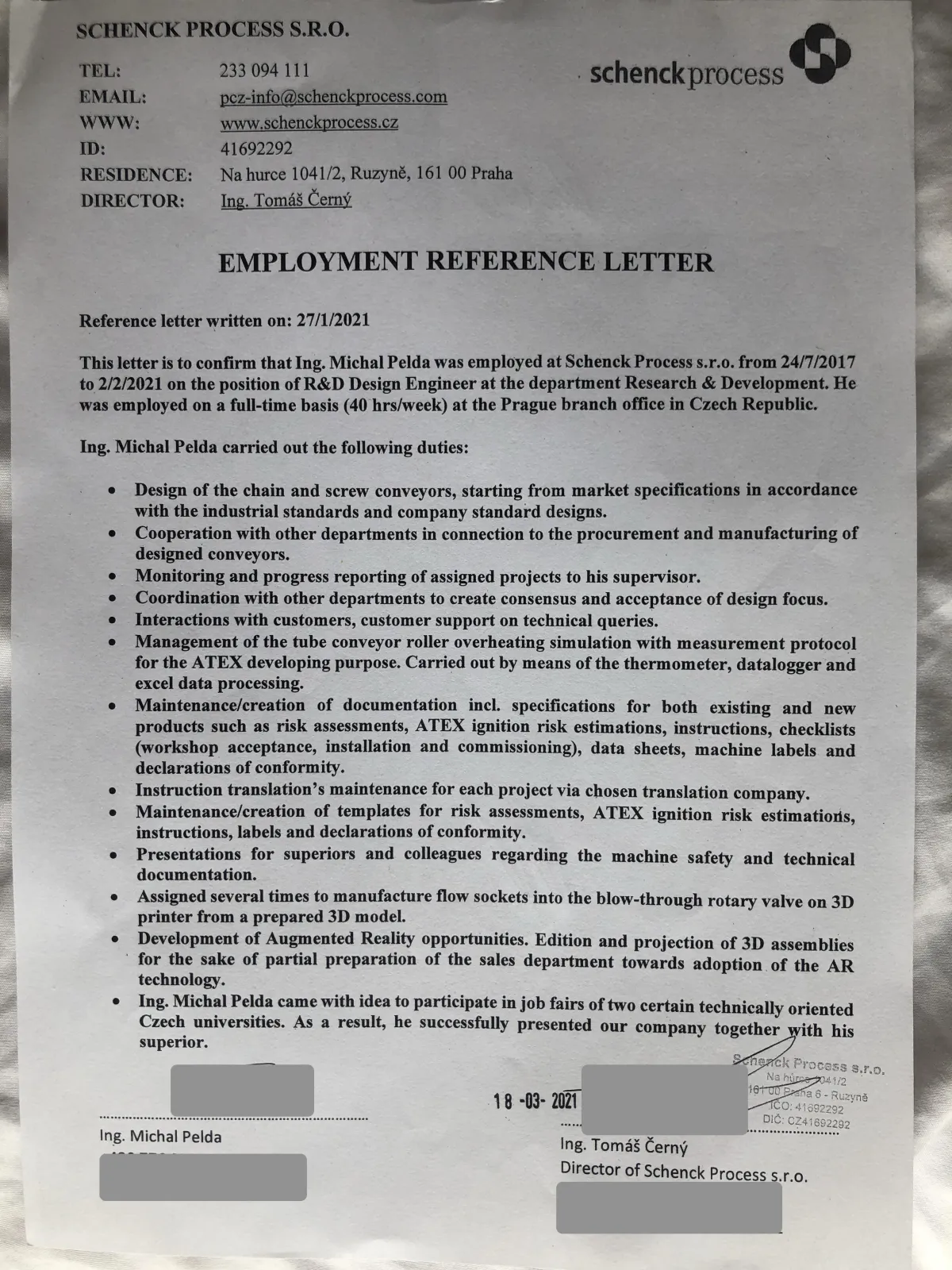 Employment reference letter for Ing. Michal Pelda from Schenck Process signed by director Ing. Tomáš Černý