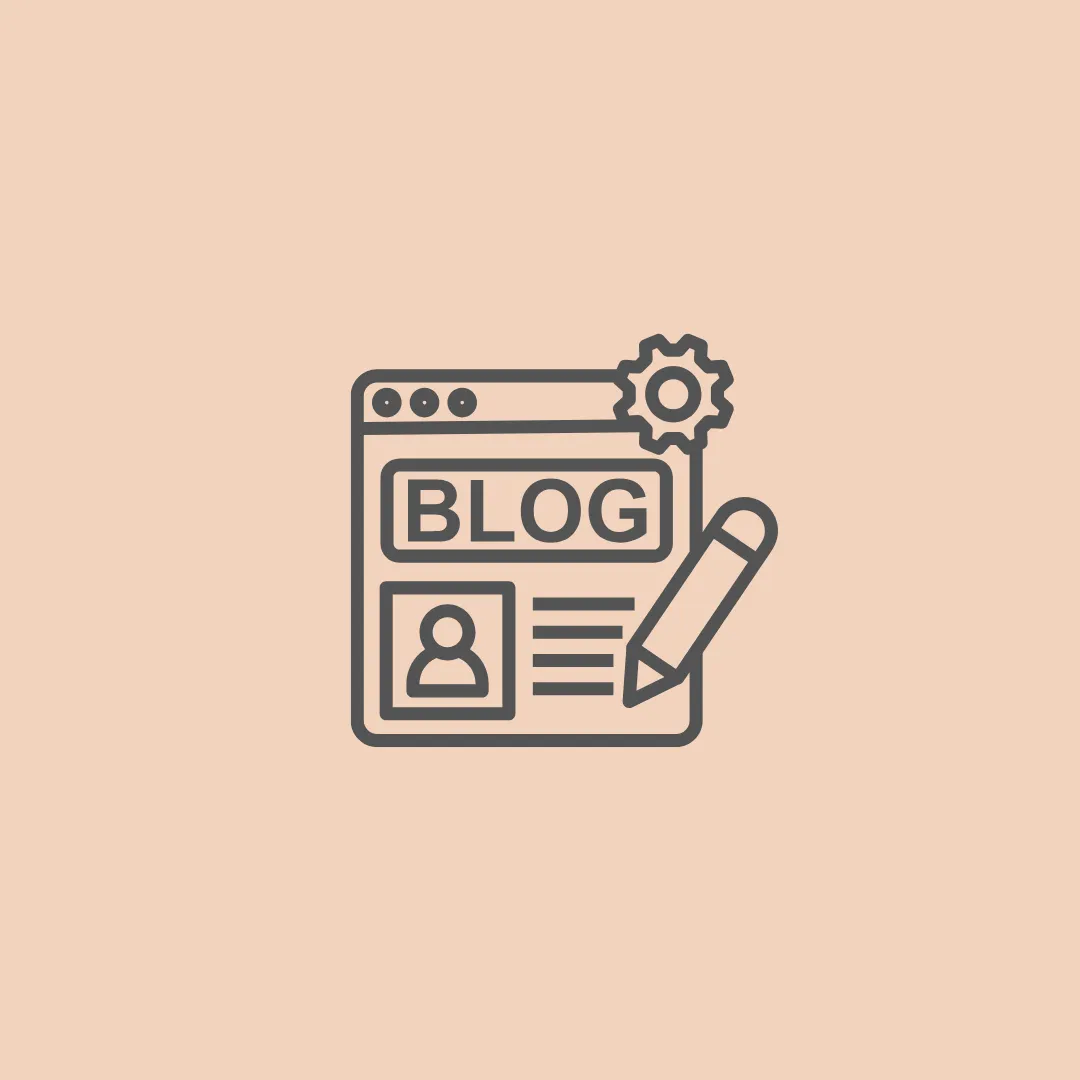 Blog writing services icon showing BLOG post, author profile, text lines, pencil and gear for topic research, SEO blog posts and articles, content outlines, copywriting, editing, publishing and promoting on website and social media