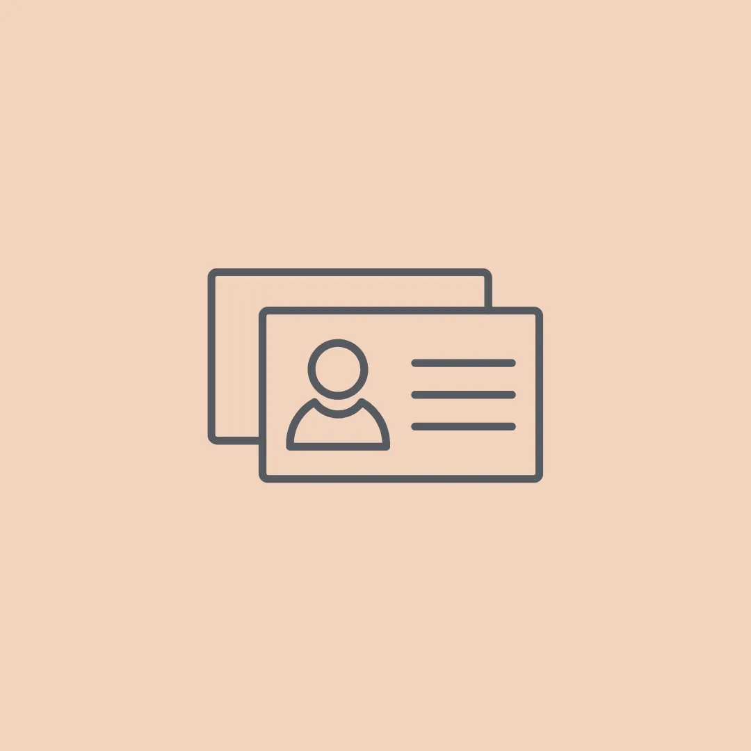 Business card design icon with overlapping cards showing profile silhouette and text lines for professional branding, custom business card layout, modern graphic design, print ready files and networking lead generation