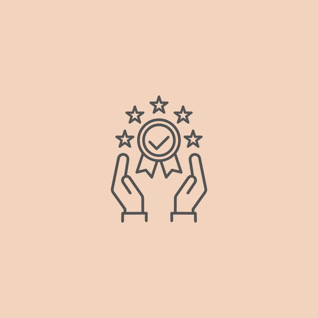 Brand reputation management icon of medal with checkmark and stars held by hands for online reputation monitoring tools, review analytics and sentiment, respond to negative feedback, customer trust, and reputation reporting