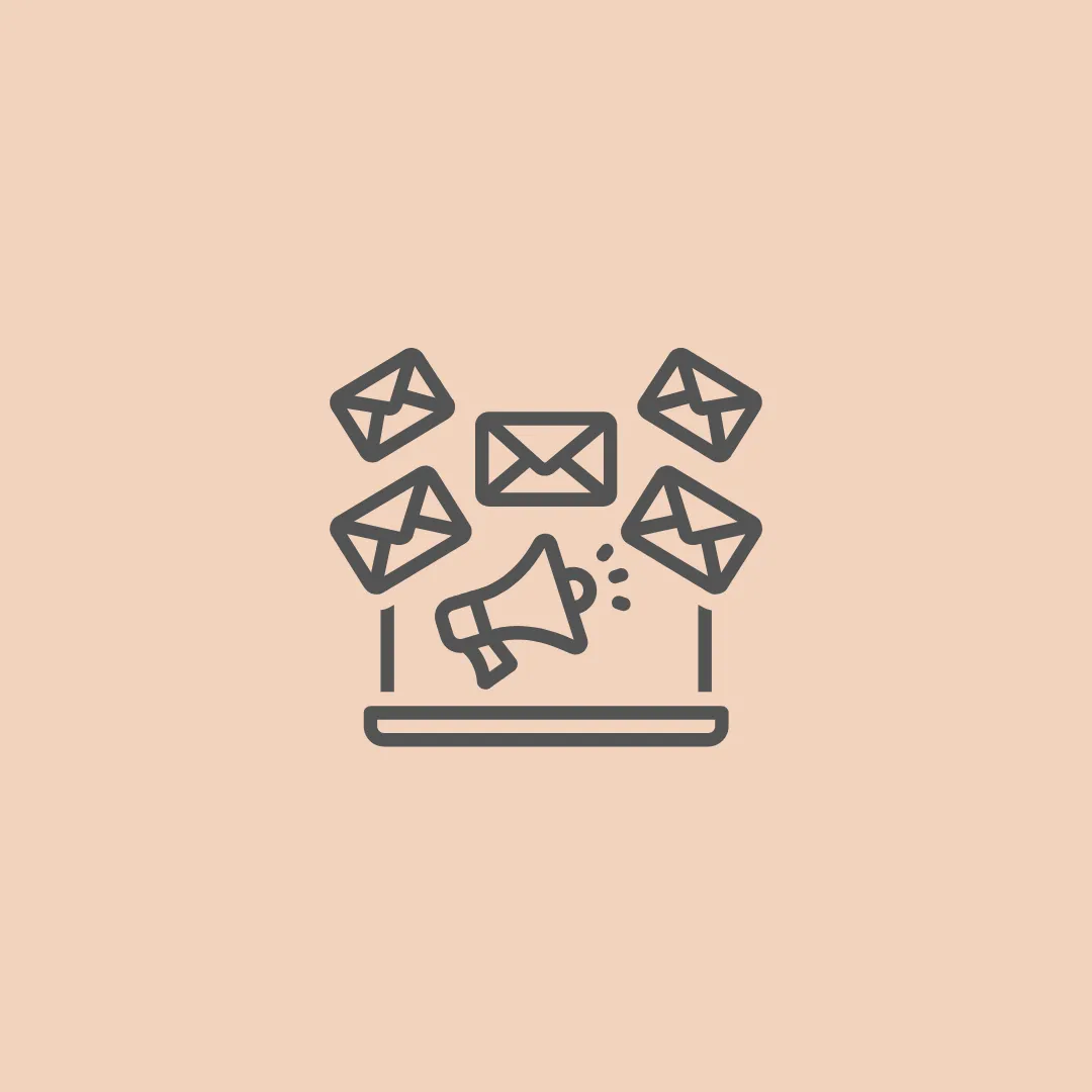 Email marketing automation icon with megaphone on laptop sending email notifications for email list building, audience segmentation, campaign design and copywriting, CRM lead nurturing pipelines, tagging, automated follow ups, open rate click tracking and conversions