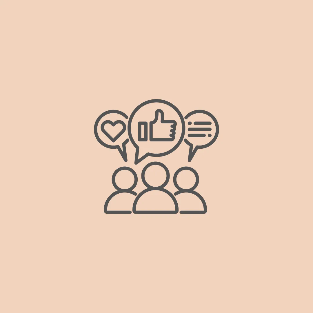 Community engagement and social media interaction icon showing people with speech bubbles, heart and thumbs up for monitoring mentions, responding to comments and messages, interactive polls and contests, tracking likes shares comments, and referral lead generation