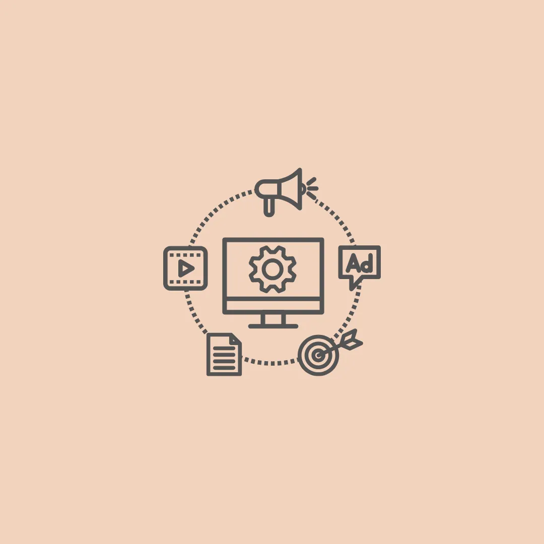 Digital marketing services illustration with computer and gear icon connected to megaphone marketing, video marketing play button, online advertising ad icon, and target audience bullseye for SEO optimization, PPC campaigns, targeted ads, email marketing, mobile marketing strategy, lead generation and conversion results