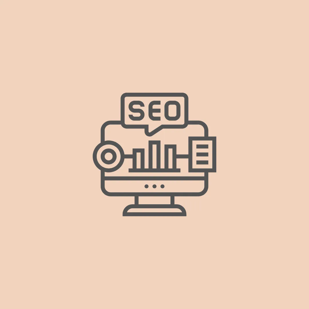 SEO search engine optimization icon with computer monitor showing bar graph analytics, website document, SEO speech bubble and target for keyword research, on page optimization, meta tags, SEO content strategy, rank tracking and performance reporting