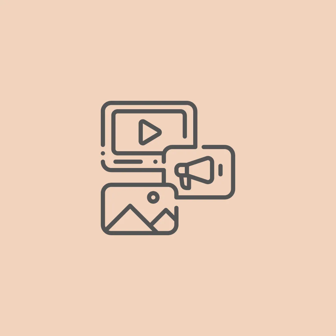Multimedia graphics and digital media design illustration with computer monitor video play button, smartphone megaphone advertising, and tablet image for creative concepting, graphic design production, revisions, and distribution across social media, websites and online marketing platforms