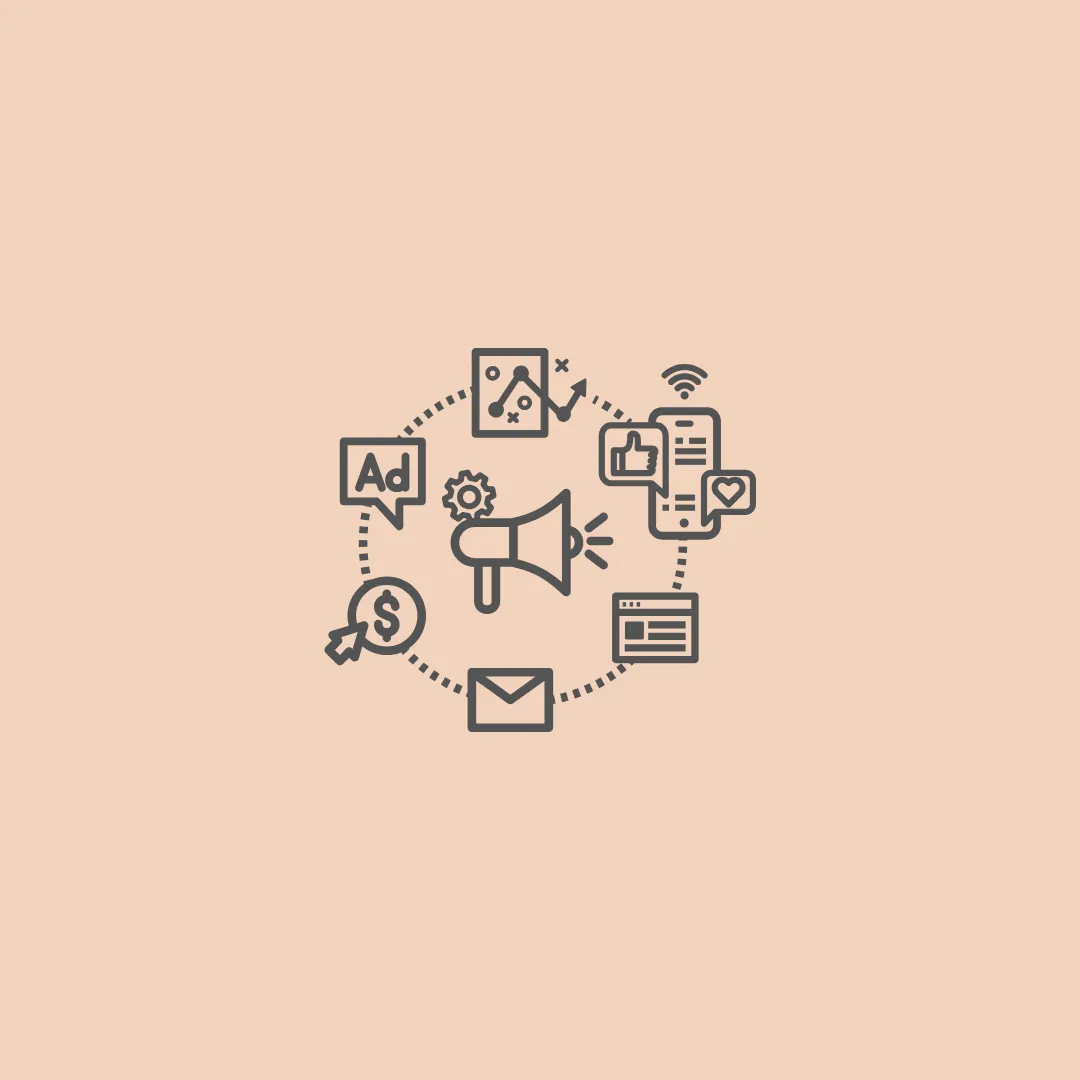 Social media management and digital marketing services diagram showing online advertising ads, megaphone marketing, Facebook Instagram LinkedIn social media icons on a mobile phone, website optimization icon, email marketing envelope, PPC ROI revenue dollar sign and cursor click for content scheduling, community engagement and brand reputation management
