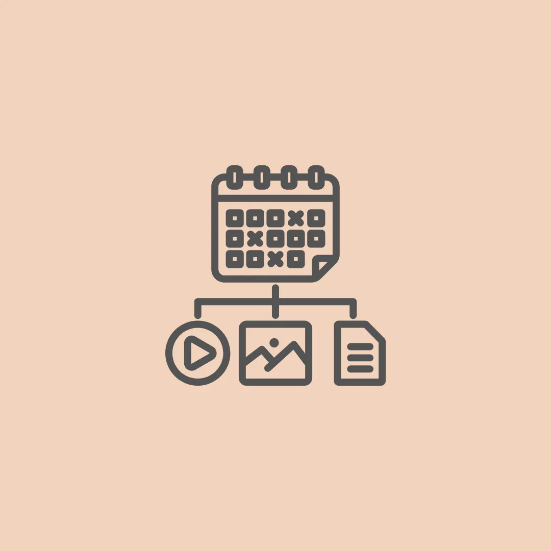 Content scheduling calendar icon with marked dates linked to video, images and documents for social media content calendar creation, target audience research, content development, and Facebook Instagram LinkedIn post scheduling