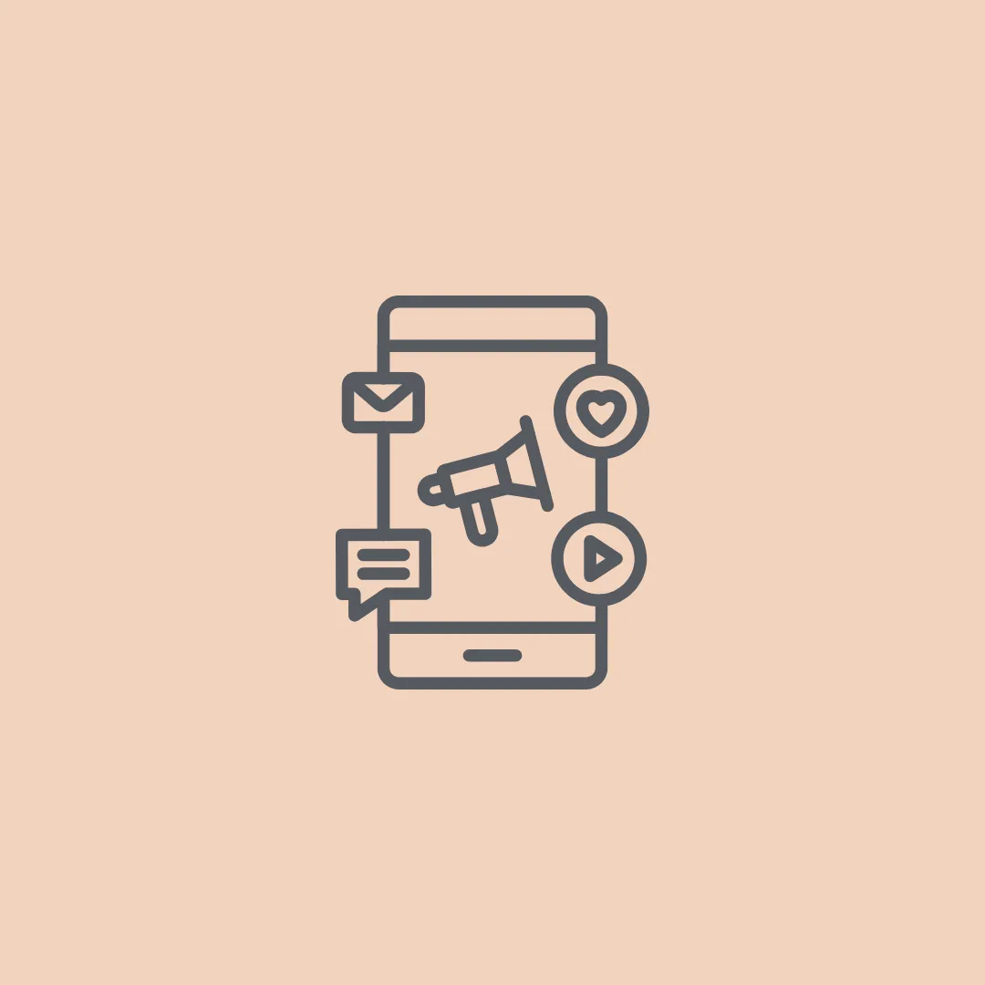 Mobile marketing icon with smartphone showing megaphone promotion, email marketing, SMS chat bubble, social engagement heart and video play button for mobile friendly advertising, app based promotions, targeted campaigns, customer interaction and conversion optimization