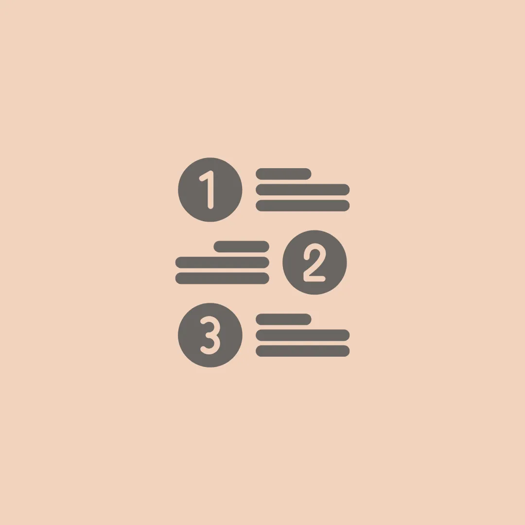 Infographic design process icon with numbered steps 1 2 3 and bullet list for data collection, storyboarding, visual content creation, graphic design, publishing, sharing, analytics tracking, SEO content marketing and audience engagement