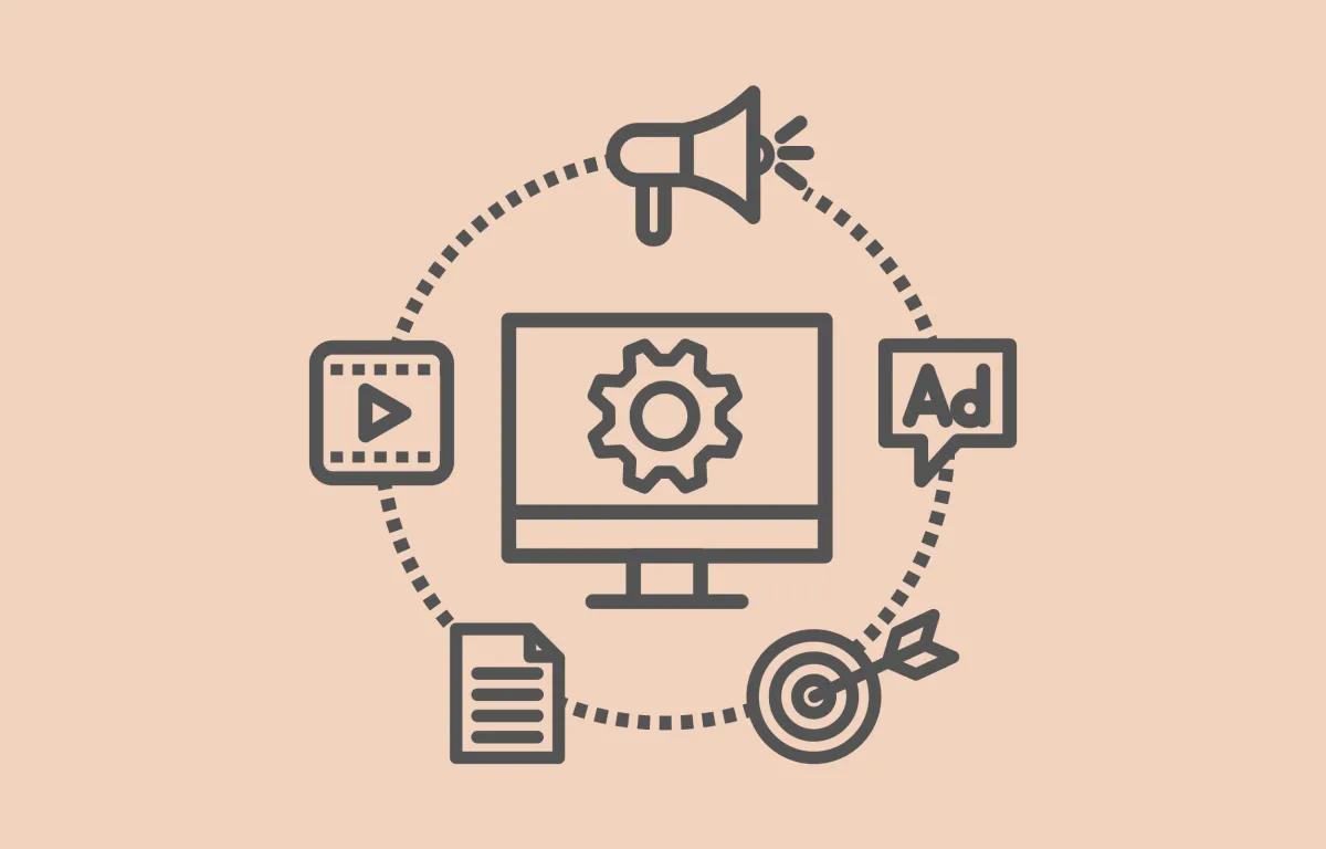 Digital marketing strategy illustration with computer and gear icon linked to megaphone promotion, video marketing play button, online advertising ad icon, and target audience bullseye for SEO, PPC campaigns, lead generation, conversion optimization and growth