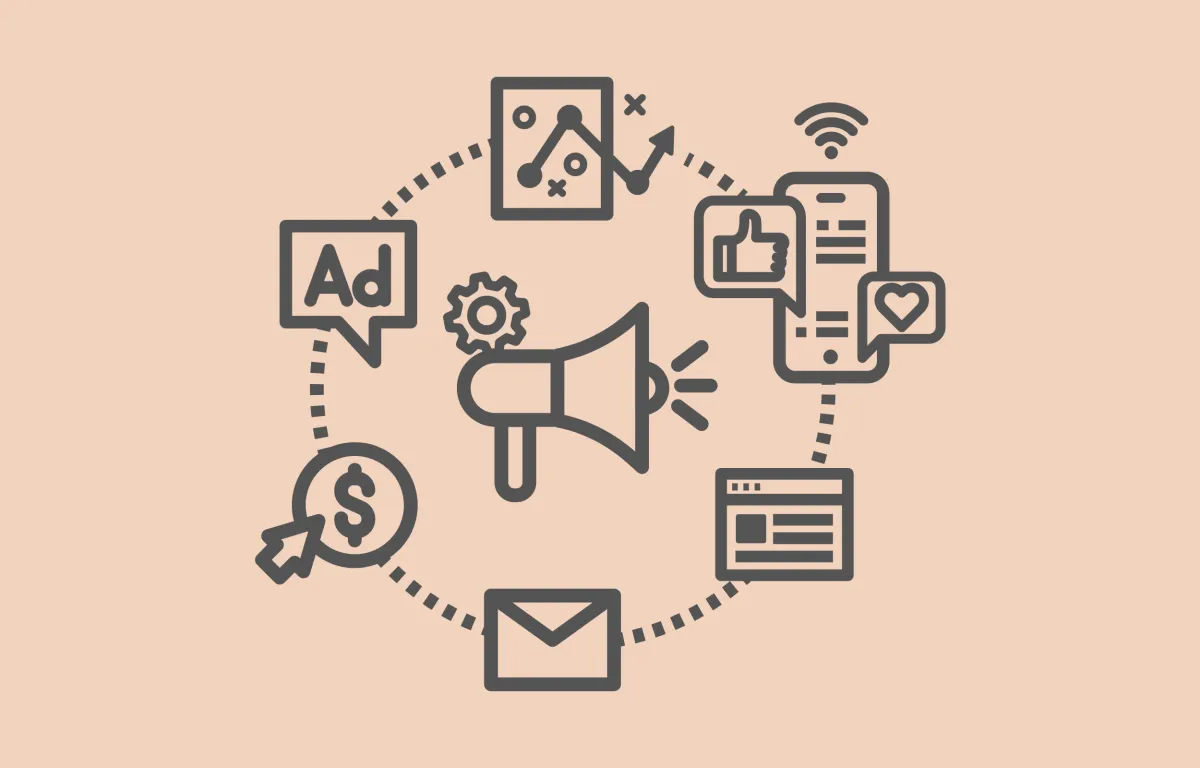 Social media management strategy diagram with digital marketing ads, megaphone branding, Facebook Instagram LinkedIn icons on phone, website presence, email marketing, dollar sign ROI and cursor click for content planning, audience engagement, brand reputation and industry leader positioning