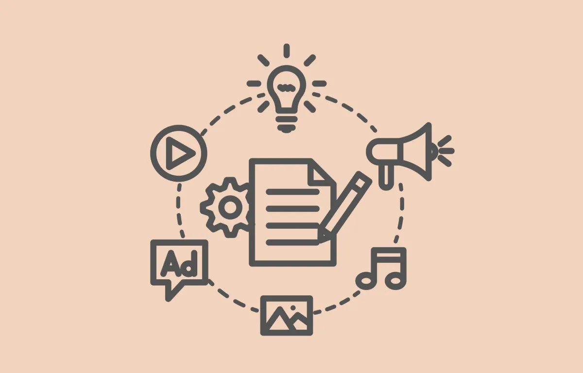 Content marketing and content creation illustration with ideas lightbulb, video production, creative gears, blog writing and copywriting, online advertising, images and graphic design, music audio content, and megaphone promotion for SEO content strategy, audience engagement and lead generation