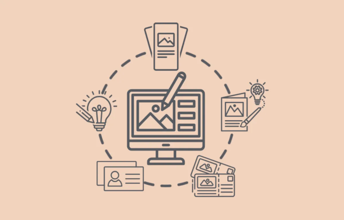 Graphic design services illustration with computer design interface and workflow icons for creative ideas, logo design, business cards, flyers, brochures, postcards, tickets and print marketing collateral for branding, visual identity, lead generation and professional marketing materials