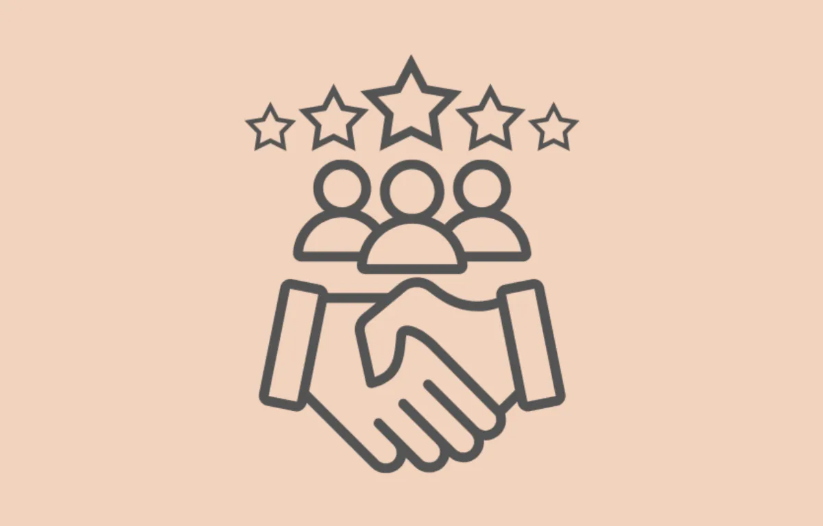Client partnership and business collaboration icon with handshake, team figures and five star success rating for trusted marketing agency relationships, tailored digital marketing services, long term client results, growth and achievement