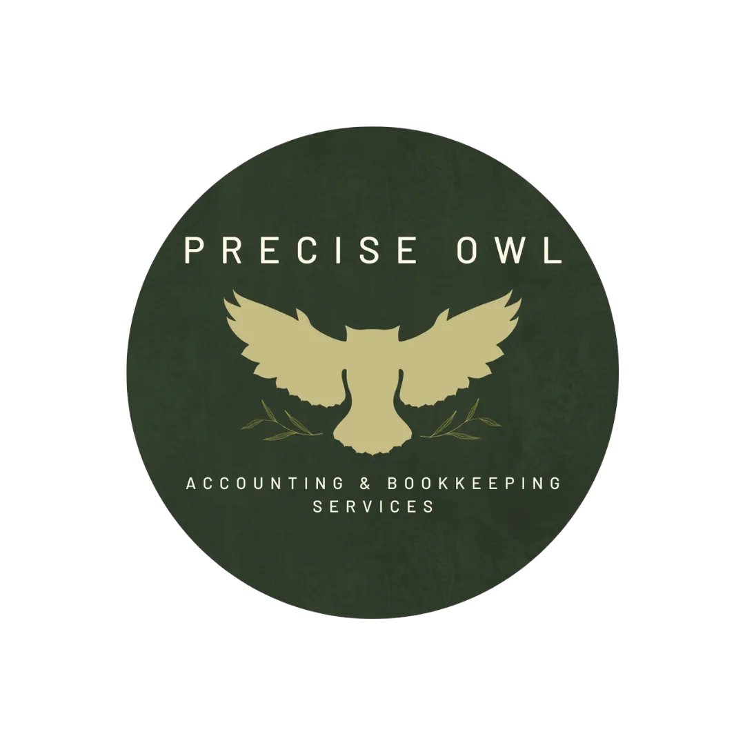 Precise Owl Accounting & Bookkeeping Services logo with a golden owl silhouette and text.