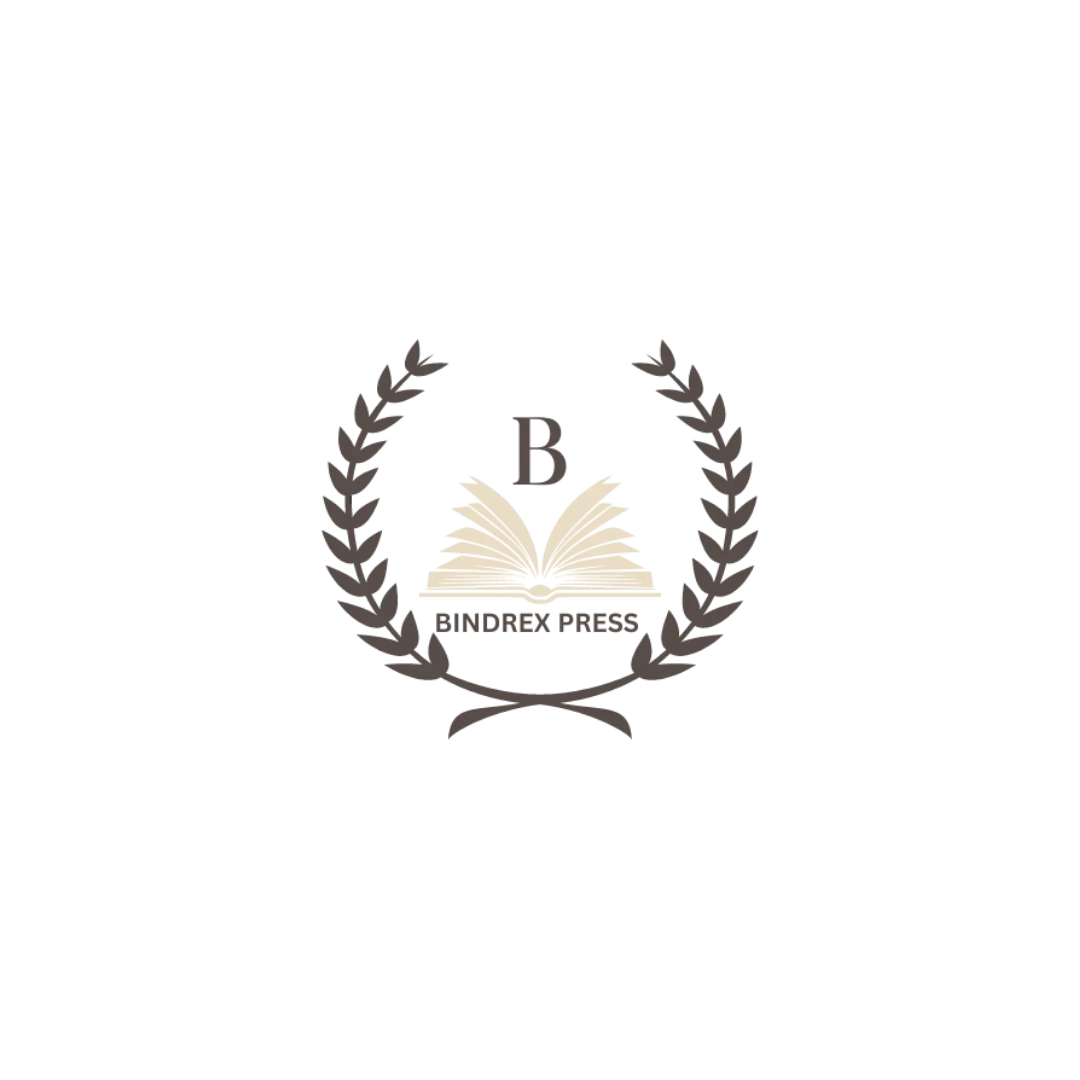 The logo for Bindrex Press features an open book with pages fanned out, framed by a laurel wreath. The letter B is centered above the book, and the text "BINDREX PRESS" is below it.