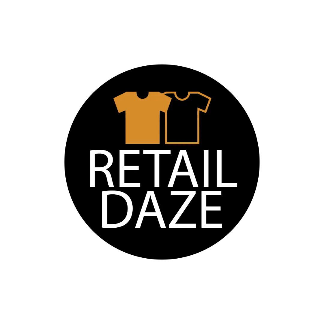 The logo for Retail Daze features two t-shirts, one orange and one outlined in orange, against a black circular background. Below the t-shirts, the words "RETAIL DAZE" are written in large white sans-serif letters.
