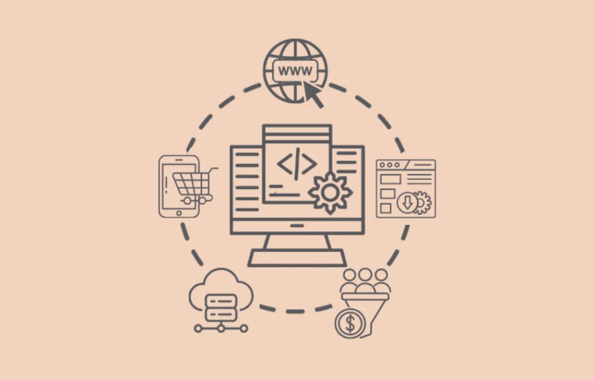 Graphic design services illustration with computer design interface and workflow icons for creative ideas, logo design, business cards, flyers, brochures, postcards, tickets and print marketing collateral for branding, visual identity, lead generation and professional marketing materials