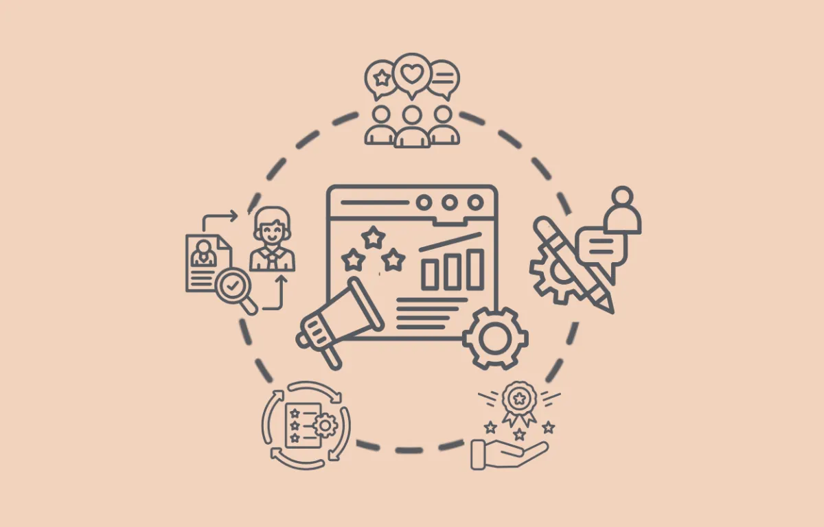 Graphic design services illustration with computer design interface and workflow icons for creative ideas, logo design, business cards, flyers, brochures, postcards, tickets and print marketing collateral for branding, visual identity, lead generation and professional marketing materials