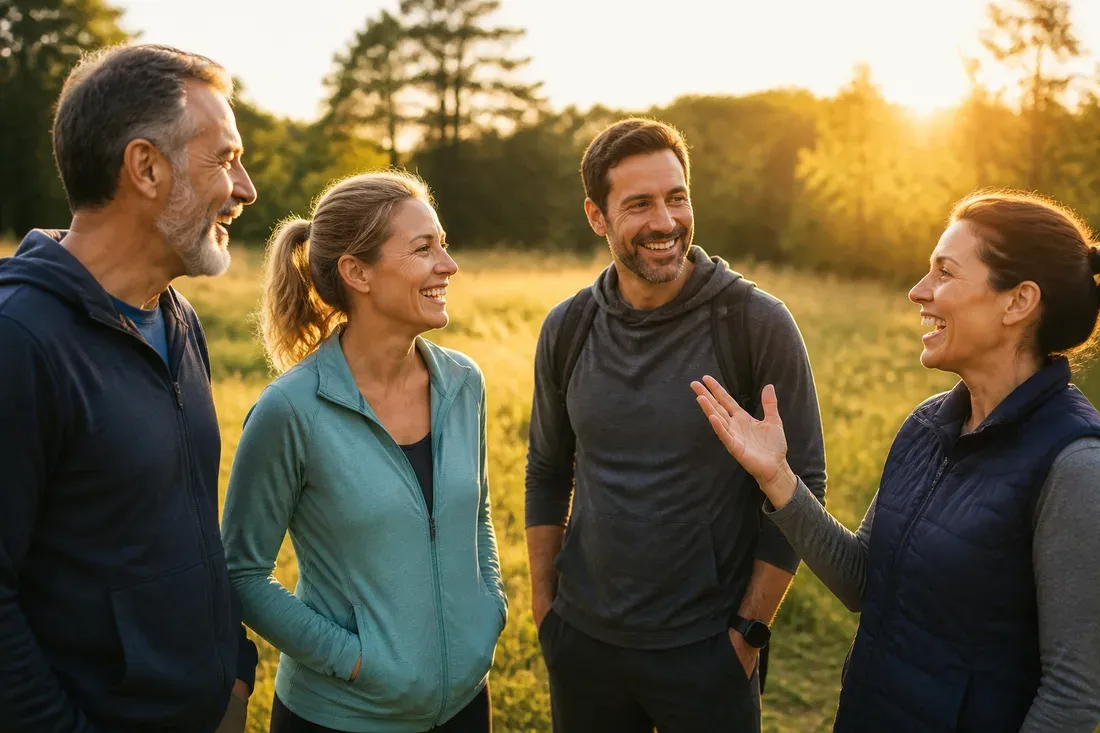 Group of four adults standing outdoors talking and smiling, wearing casual/athletic clothing.