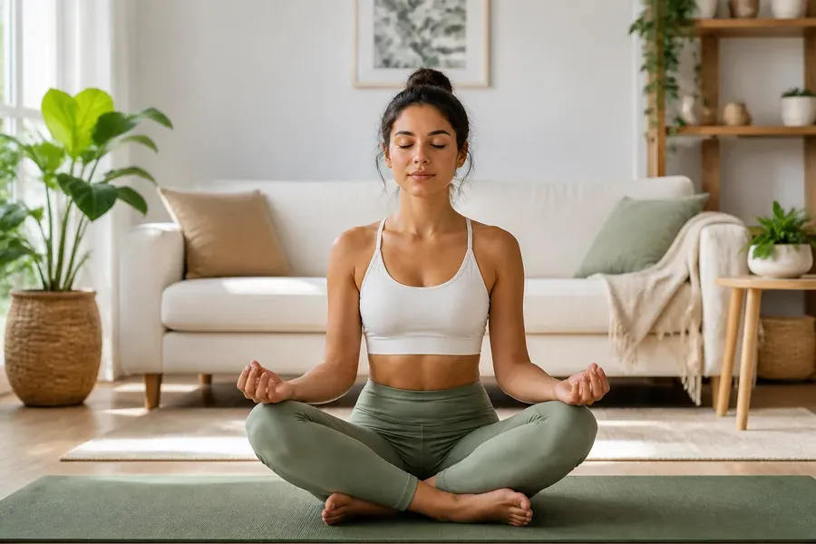 Woman meditating cross-legged on a yoga mat in a living room.