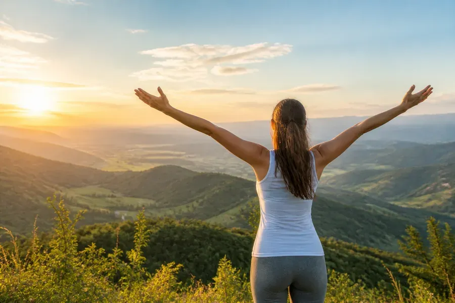 Woman standing with arms raised facing a sunset over a field.