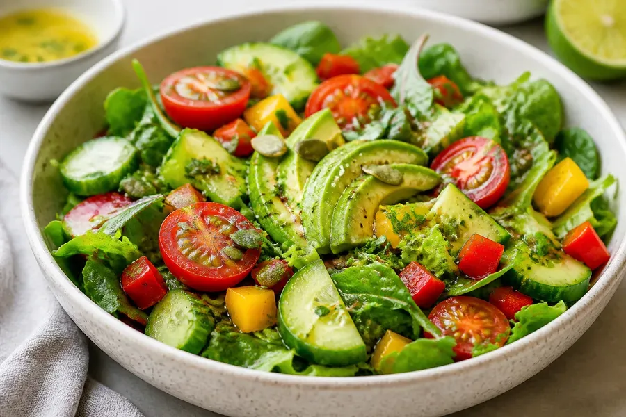 Close-up of a healthy salad with greens, strawberries, and seeds in a bowl.