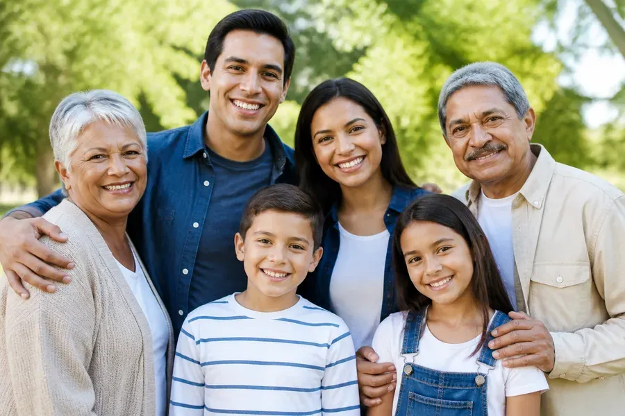 Multi-generational family posing together outdoors, smiling.