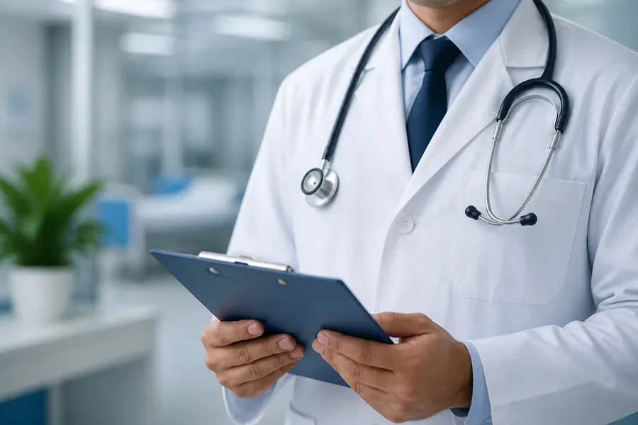 Male doctor with a stethoscope smiling with arms crossed in a modern office.