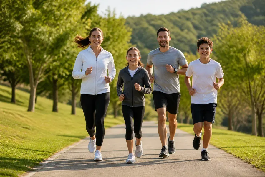 Family of four running happily through a grassy park.