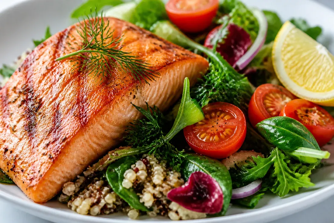 Top-down view of a healthy meal plate with a large salmon fillet, green salad, tomatoes, and asparagus.