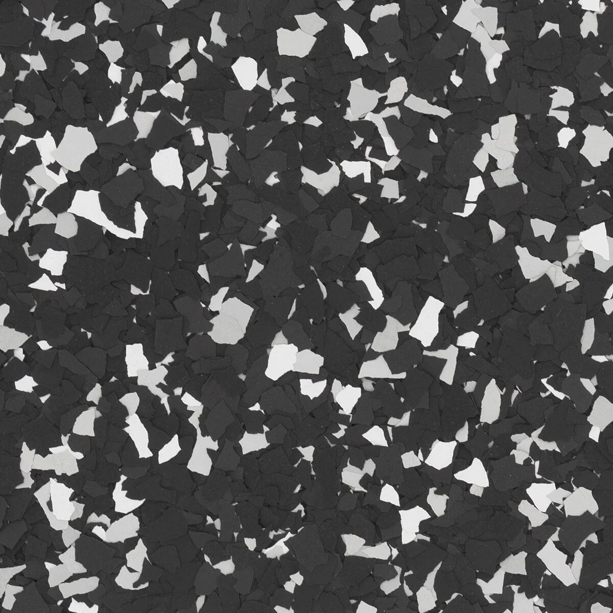 Raven flake blend with dominant black and white tones, creating a bold and modern look for garage floors