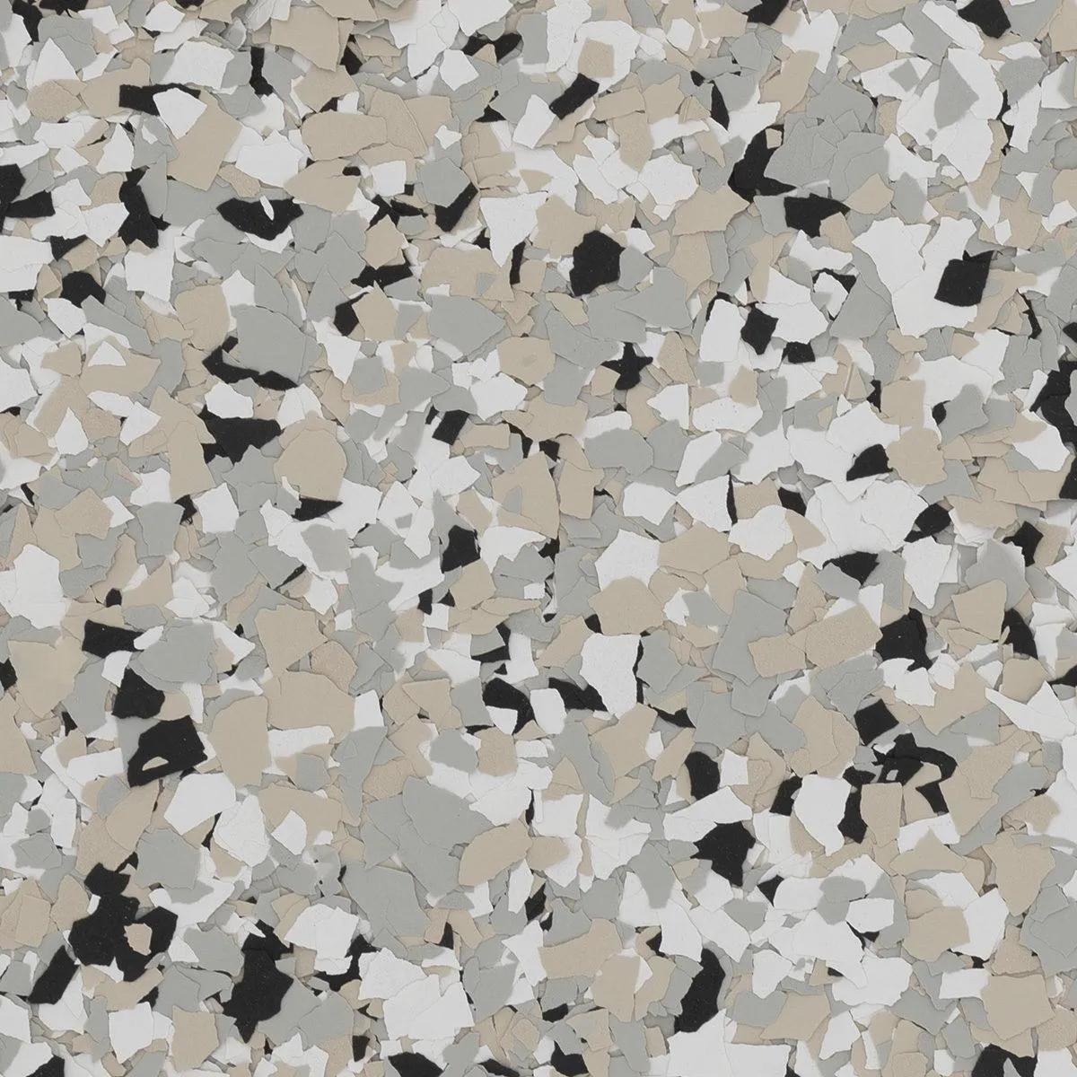 Cabin Fever flake blend with beige, gray, and black tones, offering a cozy, rustic aesthetic for garage floors