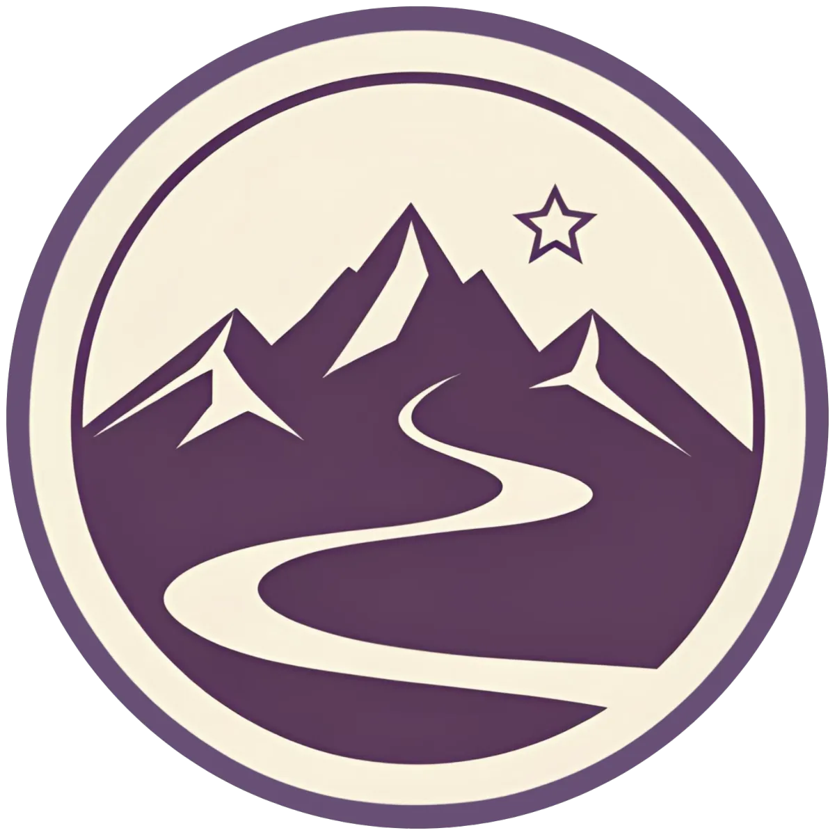 Stellar Horizons Co circular logo featuring a stylized mountain range with a winding path leading toward a single star in the sky, rendered in soft purple and cream tones to represent ambition, growth, and journeys to success.