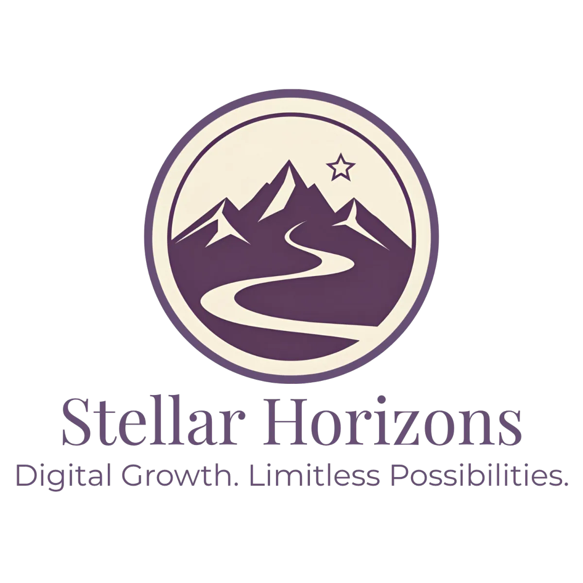 Stellar Horizons Co circular logo featuring a stylized mountain range with a winding path leading toward a single star in the sky, rendered in soft purple and cream tones to represent ambition, growth, and journeys to success. Stellar Horizons: Digital Growth. Limitless Possibilities