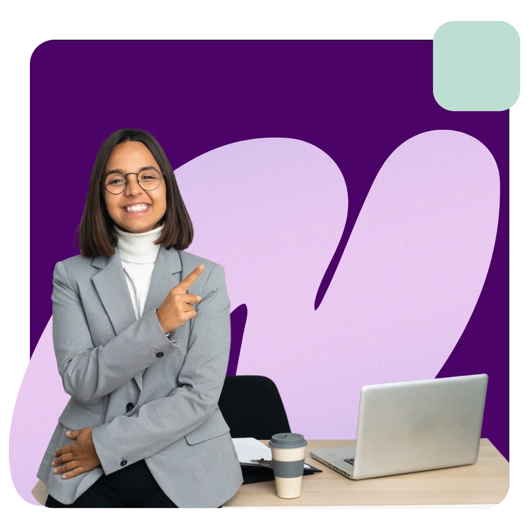 Professional marketer, smiling and pointing to headline, "Ready to Elevate Your Marketing"