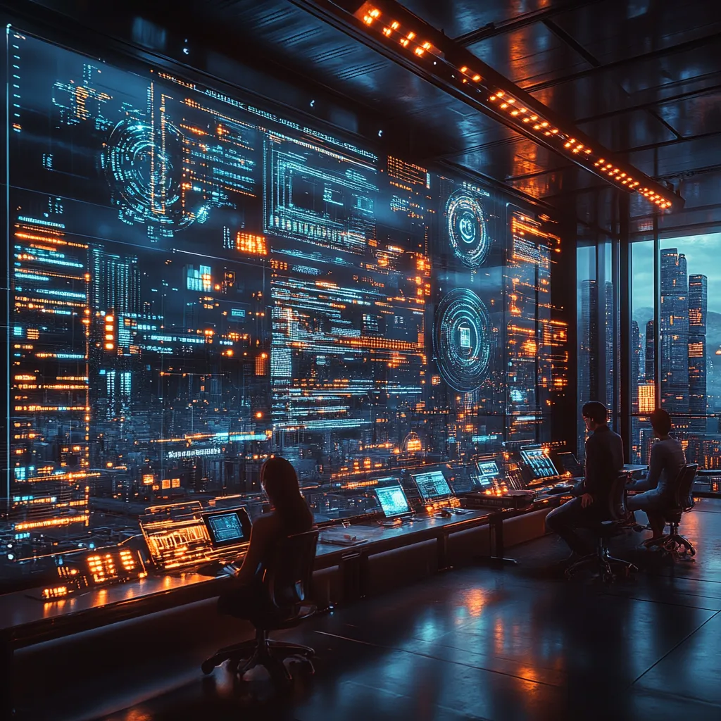 A futuristic office setting with a diverse team collaborating on AI software, with holographic screens displaying code and data.