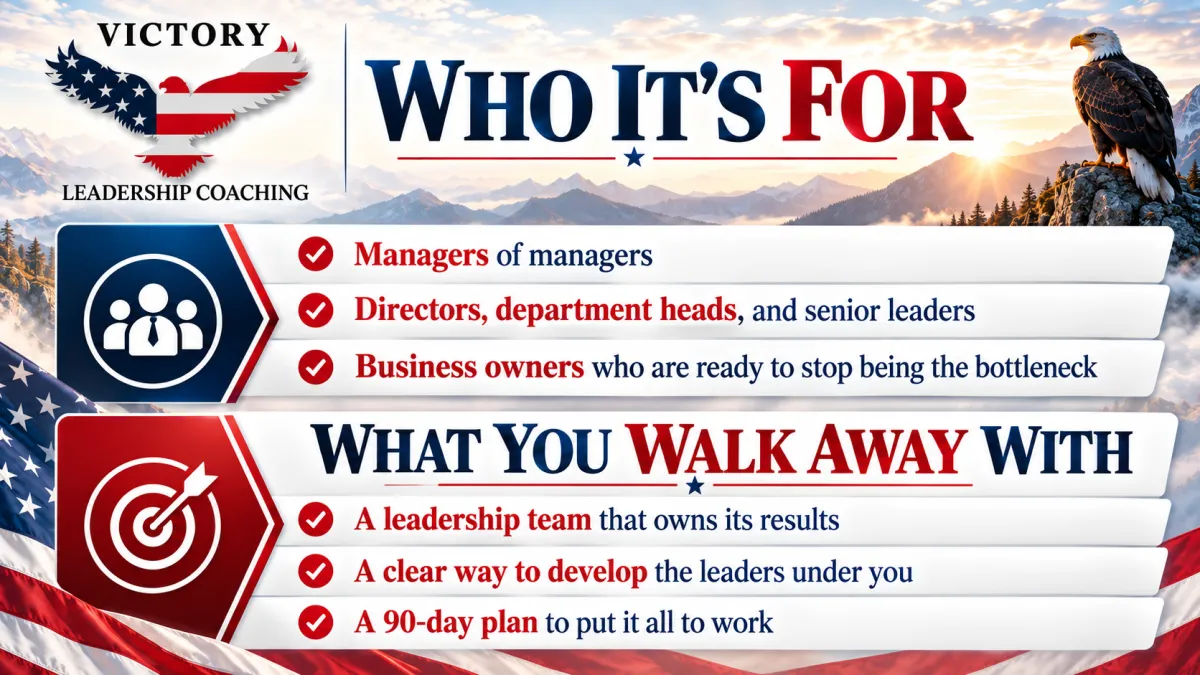 WHO IT'S FOR  Managers of managers Directors, department heads, and senior leaders Business owners who are ready to stop being the bottleneck  WHAT YOU WALK AWAY WITH  A leadership team that owns its results A clear way to develop the leaders under you A 90-day plan to put it all to work