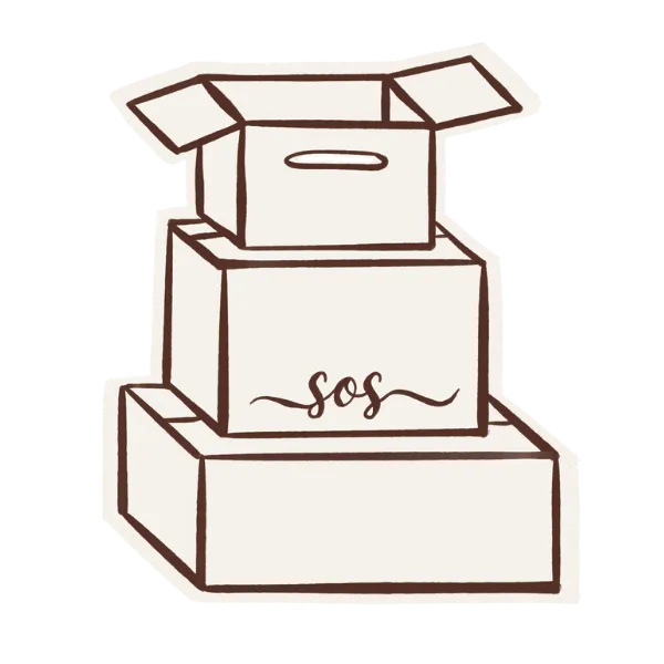 Illustration of labeled SOS moving boxes — move management services Shannon's Organizing Solutions Lake Havasu City AZ