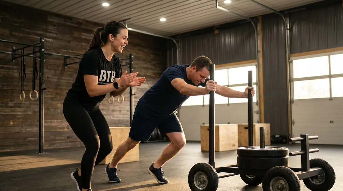 Coach Taylor Baird encouraging a member through a sled push in Strength class at Between The Bumpers